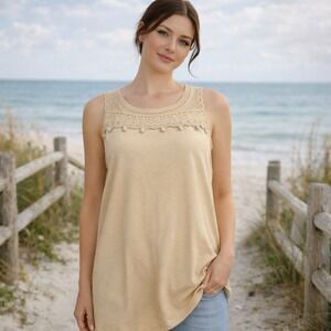 J. Jill Tan Crochet Yoke Pom Pom Tank Top Large beachy coastal boho women